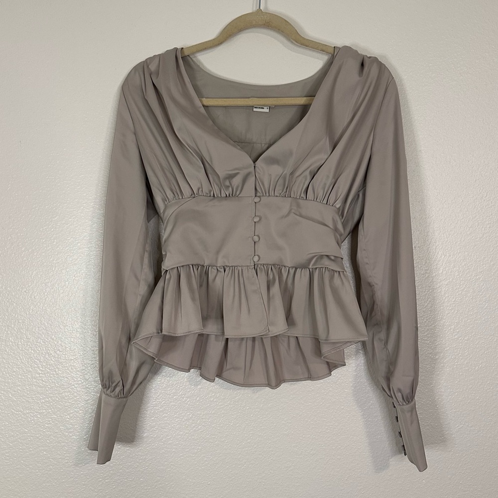 Jason Wu | Satin Babydoll Deep Plunge Peasant Sleeve Peplum Blouse